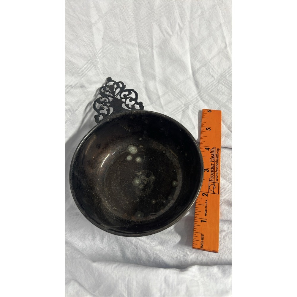 Pewter Porringer Bowl with Filigree Handle Colonial Style 5 Inch